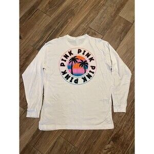 Victorias Secret PINK Womens White Campus Tee Long Sleeve Palm Trees & Clutch M